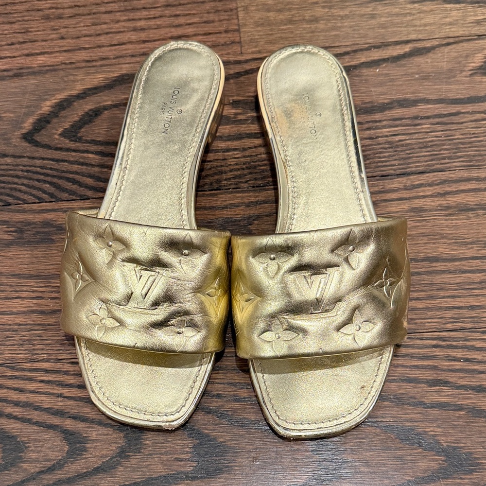 Louis Vuitton Authentic Revival Metallic Gold Slide Sandals